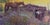 This artwork depicts a rustic scene featuring a man standing by a weathered cabin, with a horse poised nearby, evoking a...