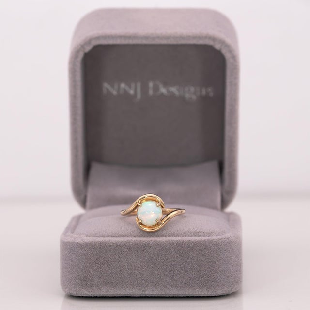 Contemporary Ethiopian Opal Cabochon Ring: Solid 14k Gold, Round 7.5mm - October Birthstone, Size 6.75 For Sale - Image 3 of 9