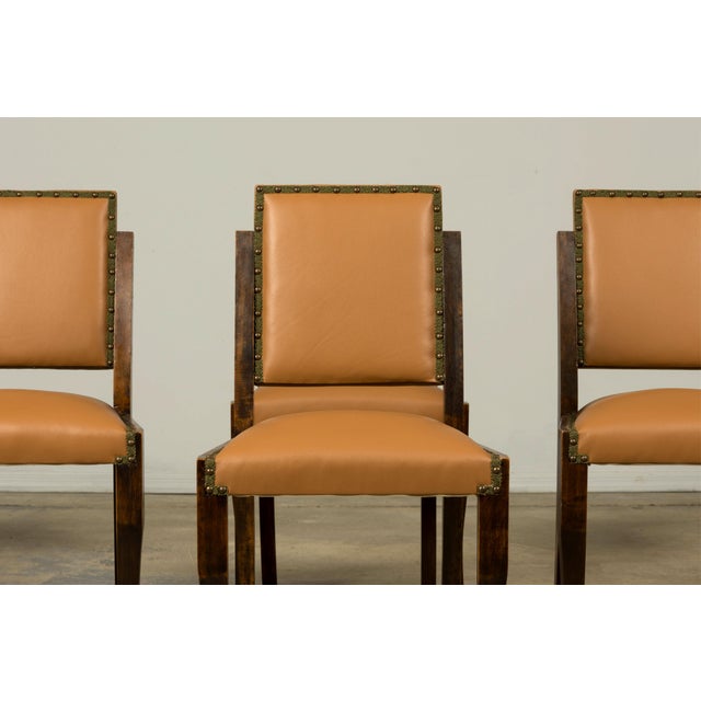 Art Deco Set of 6 1930s French Art Deco Maple Dining Chairs in Tan Leather For Sale - Image 3 of 18