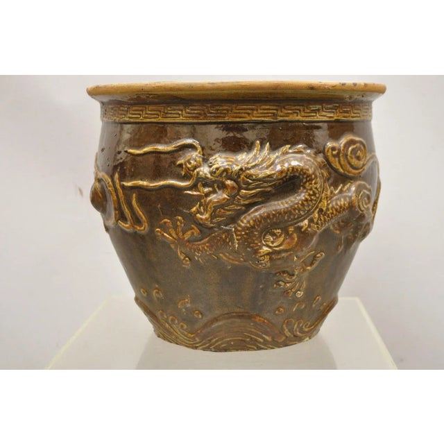 Vintage Chinese Brown Glazed Ceramic Dragon Cachepot Planter Pots - a Pair For Sale - Image 12 of 13