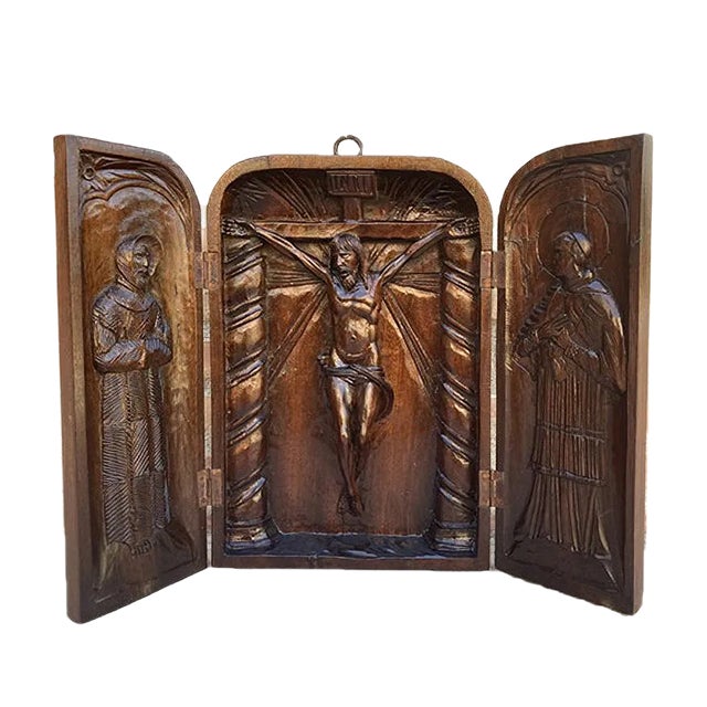 French Antique Hand Carved Walnut Wood Religious Triptych or Carved Wall Sculpture Panel, 1890s For Sale