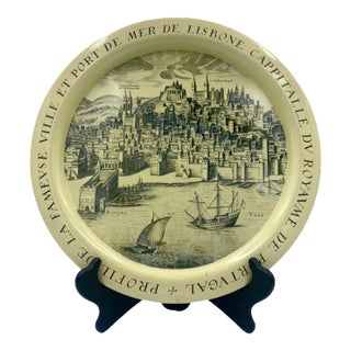 Vintage Lisbon Portugal Seascape Seaport Ship Harbor Round Metal Tray Platter For Sale