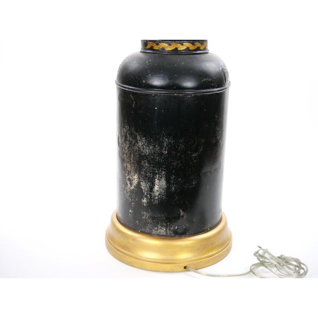 Pair of English Late 19th-Century Black Painted Tole Canister Table Lamps For Sale - Image 12 of 14