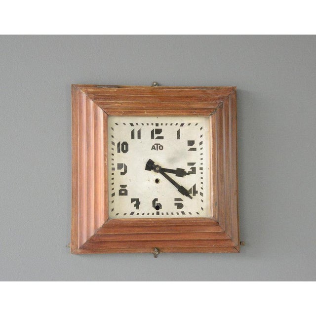 Art Deco Wall Clock By ATO Circa 1920s. Stepped pine casing - Tin dial with glass face - New AA battery powered quartz...