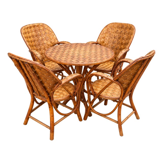 Vintage Woven Rattan Garden Set of Round Table and Armchairs, 1950s, Set of 5 For Sale