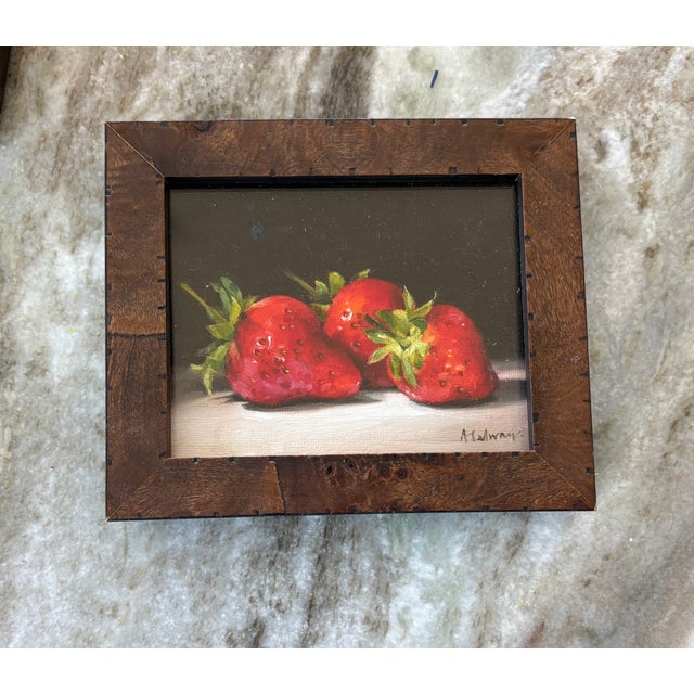 Three Original Amanda Selway British Still Lifes of Cherries, Strawberries and Green Apple Fruits in Custom Burl Wood Finished Frames For Sale In Houston - Image 6 of 13