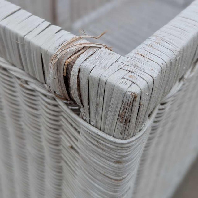 Wood Vintage White Wicker Storage Trunk With Brass Hardware, Coastal, Rattan For Sale - Image 7 of 17