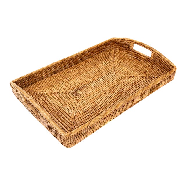 Artifacts Rattan Rectangular Serving Tray with High Handles in Honey Brown - 21" For Sale