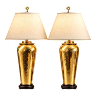 1960’s Paul Hanson Hammered Polished Brass Chinoiserie Table Lamps With Coin Finials For Sale