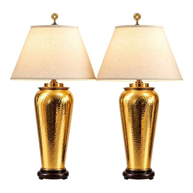 1960’s Paul Hanson Hammered Polished Brass Chinoiserie Table Lamps With Coin Finials For Sale
