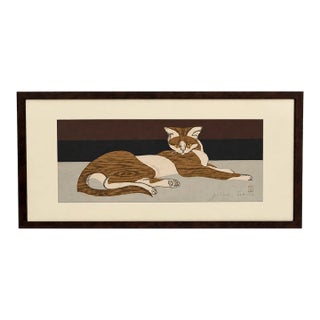 Mid-Century Jun’ichirō Sekino Signed Japanese Woodblock Print of a Reclining Cat, Framed For Sale