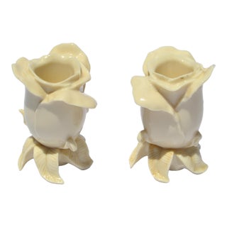 Mid-20th Century Lenox Rose Shaped Ceramic Fine Bone China Candle Holders, Pair For Sale