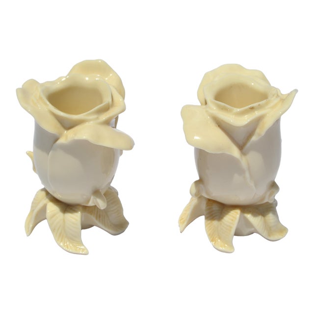 Mid-20th Century Lenox Rose Shaped Ceramic Fine Bone China Candle Holders, Pair For Sale