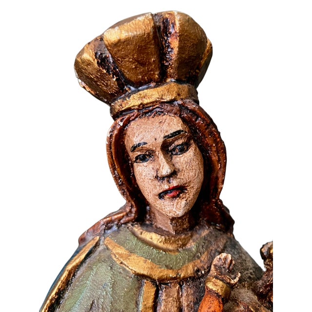 Antique Religious Folk Art - Carved Wooden Spanish Colonial Santos Figure of the Madonna and Child For Sale - Image 13 of 18