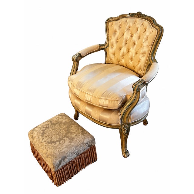 French Provincial Louis XV–Style Gold Tufted Armchair With Coordinating Damask Fringed Footstool For Sale - Image 3 of 13