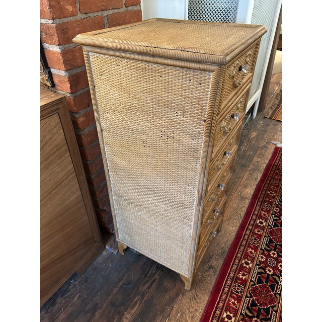 Wood Nantucket Antique Wicker Multi Drawer Tall Chest Commode For Sale - Image 7 of 11