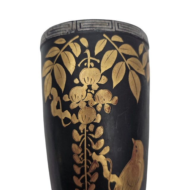 Art Deco Tokanabe Style Wall Pocket Vase Black Gilt Bird Floral Decor 9.5" Japan For Sale In San Francisco - Image 6 of 9