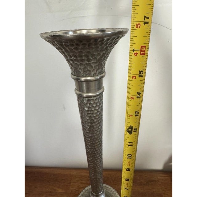 Vintage Hammered Metal Tall Taper Candle Holder Candlestick Silver Tone Decor For Sale - Image 10 of 11