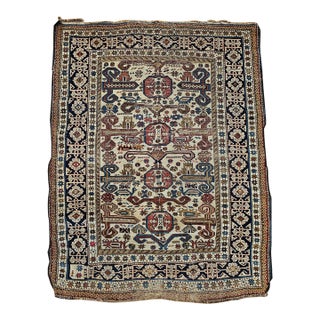 Vintage Caucasian Kilim Rug, Handwoven Wool, Geometric Stripes, Blue & Ivory, 6' x 8' For Sale