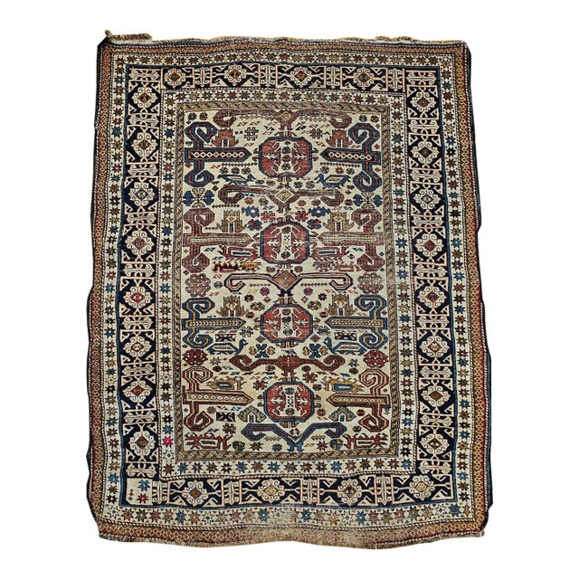 Vintage Caucasian Kilim Rug, Handwoven Wool, Geometric Stripes, Blue & Ivory, 6' x 8' For Sale