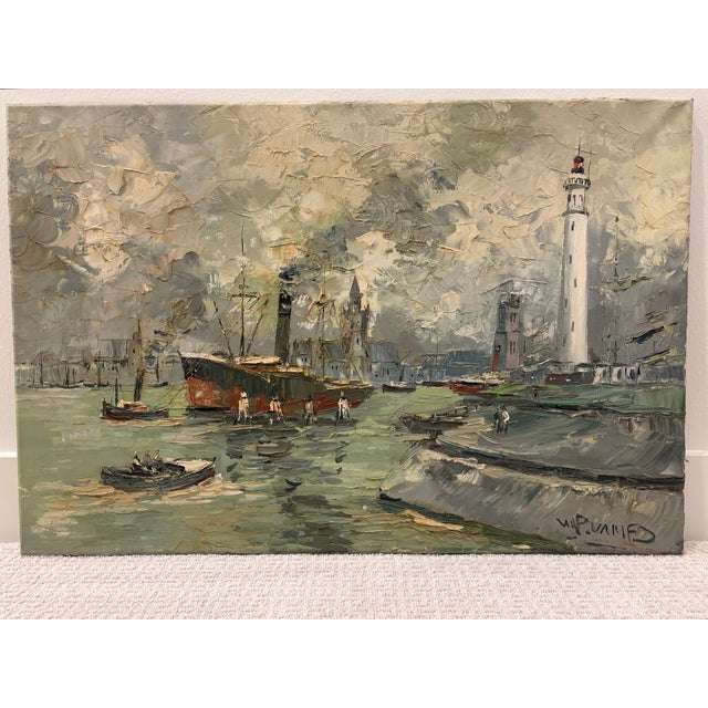 Original oil on canvas of an atomospheric maritime composition depicting a French harbor scene with a prominent...