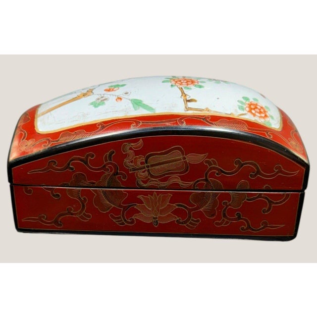 Chinese Antique Chinese Red Lacquer Box Porcelain Plaque Metal Inlay C1920 For Sale - Image 3 of 18