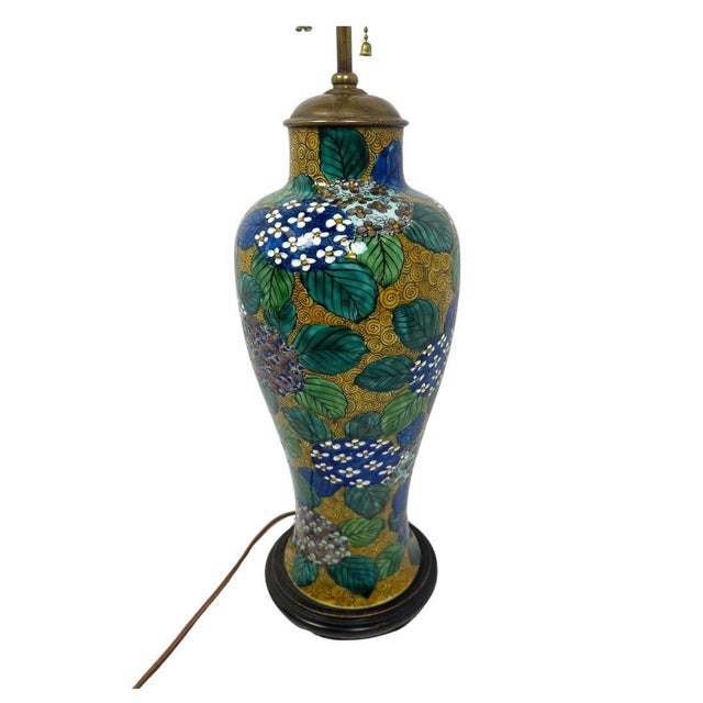 Asian Style Painted Lamp With Hydrangea Motif For Sale - Image 4 of 5
