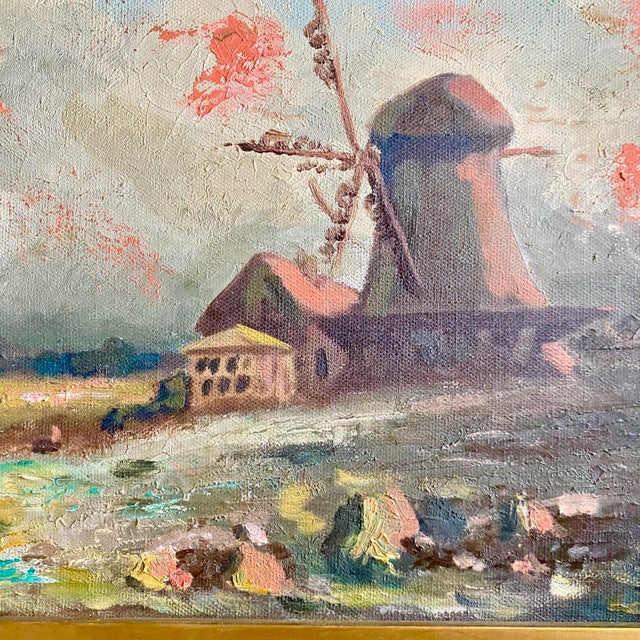 Gold Antique Gold Ornate Frame With Oil on Canvas "Windmill at Dusk" For Sale - Image 8 of 10
