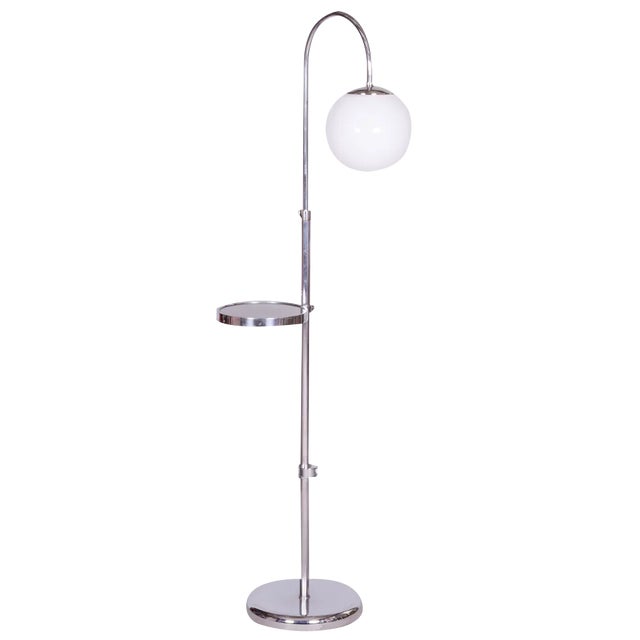 Czech Adjustable Chrome Floor Lamp in Steel and Milk Glass, 1930s For Sale