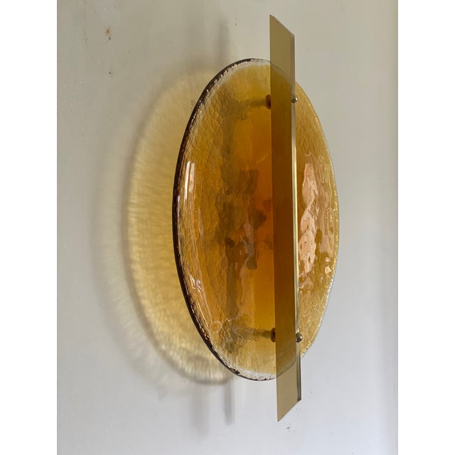 Italian Wall Light in Amber Murano Glass Disc and Brass Metal Frame For Sale - Image 10 of 10