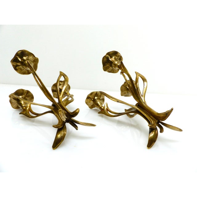 Metal Three-Light Tripod Brass Candlesticks with Organic Floral Decoration, 1960s, Set of 2 For Sale - Image 7 of 8