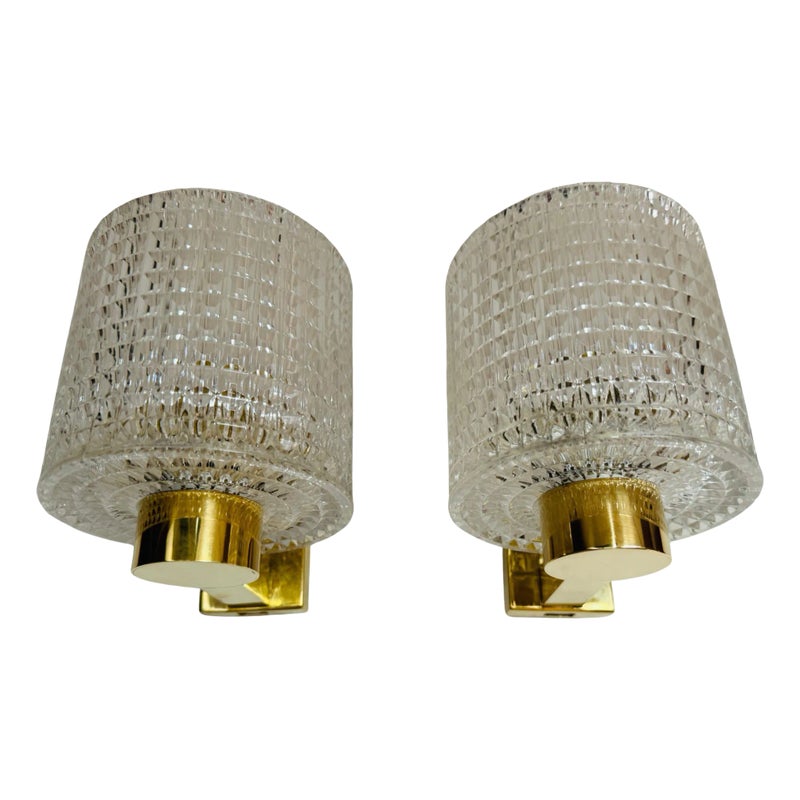 Orrefors Carl Fagerlund Swedish Crystal 1950s Mid Century Wall Lamps - A Pair