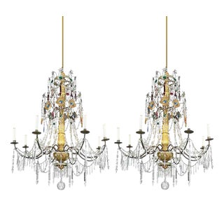 Antique Genoese Empire Chandeliers in Crystal and Gilded Wood, 1780s, Set of 2 For Sale