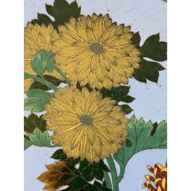 Japanese Cloisonne Enamel Plate With Chrysanthemums Butterflies Lavender Ground For Sale - Image 14 of 17