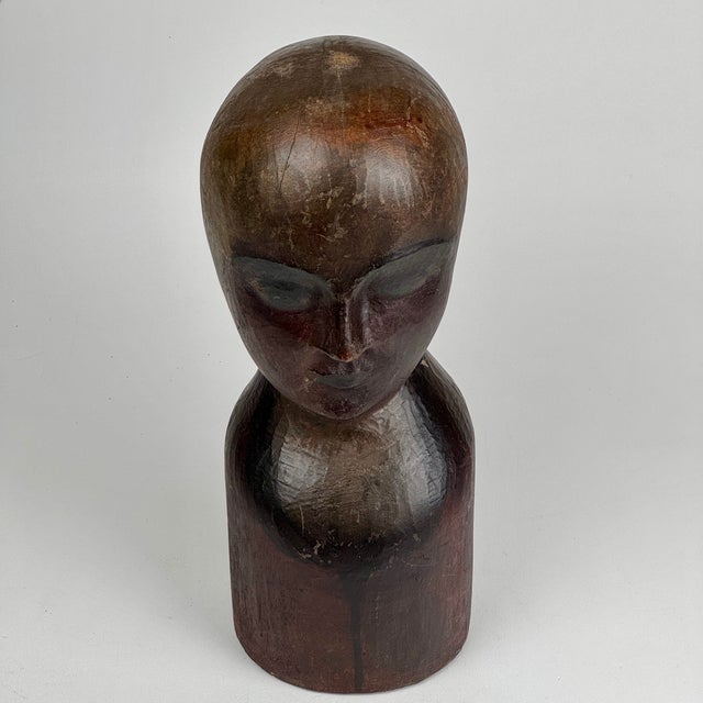 American Unique 19th C. American Wood, Hand Carved Milliner Head Bust Sculpture For Sale - Image 3 of 12