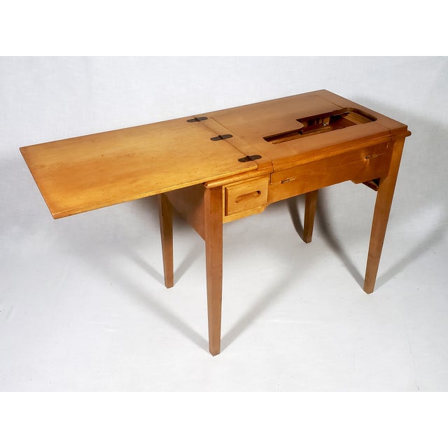 Mid 20th Century Vintage Original Mid-Century Modern All Wood Maple Finish Sewing Machine Cabinet With Flip-Down Top & Pull Out Drawer For Sale - Image 5 of 14