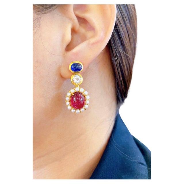 Bochic "Capri" Vintage Candy Natural Ruby and Sapphire Drop Earrings 18K, Silver For Sale - Image 15 of 18