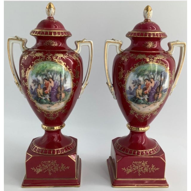 Vintage Pair of Noritake Porcelain Urns Hand Painted Red w/Gold, Both are 13” tall x 6” width handle to handle There has...