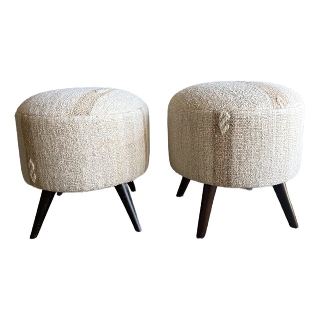 Pair of Off white, natural, greige Vintage Turkish Rug Ottomans For Sale