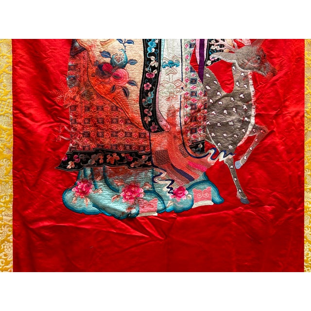 Vintage Chinese Shoulao Longevity Peach Deer Embroidery Fabric Tapestry Art For Sale - Image 9 of 16