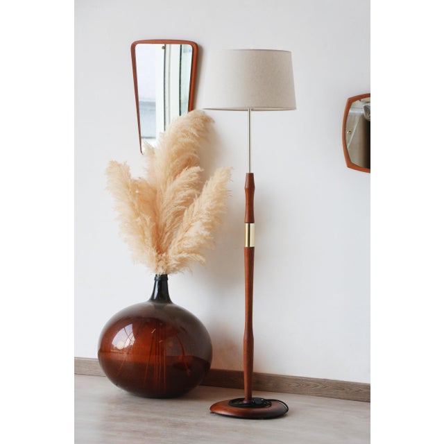 Wood Vintage Scandinavian Floor Lamp in Wood and Gilded Brass with Beige Lampshade, 1960s For Sale - Image 7 of 12