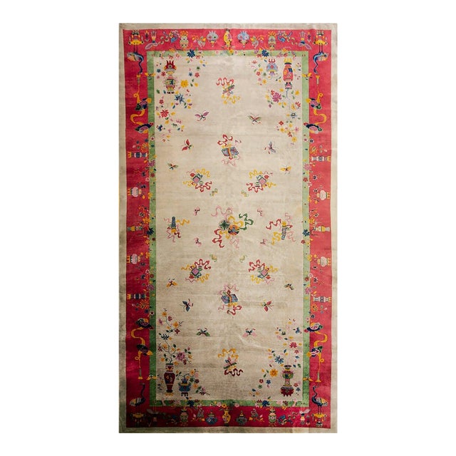 Gorgeous Tan-Ecru Ground Color With Red-Raspbery Border in a Chinoiserie Pattern Antique Chinese Art Deco Rug For Sale
