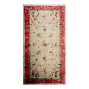 Gorgeous Tan-Ecru Ground Color With Red-Raspbery Border in a Chinoiserie Pattern Antique Chinese Art Deco Rug