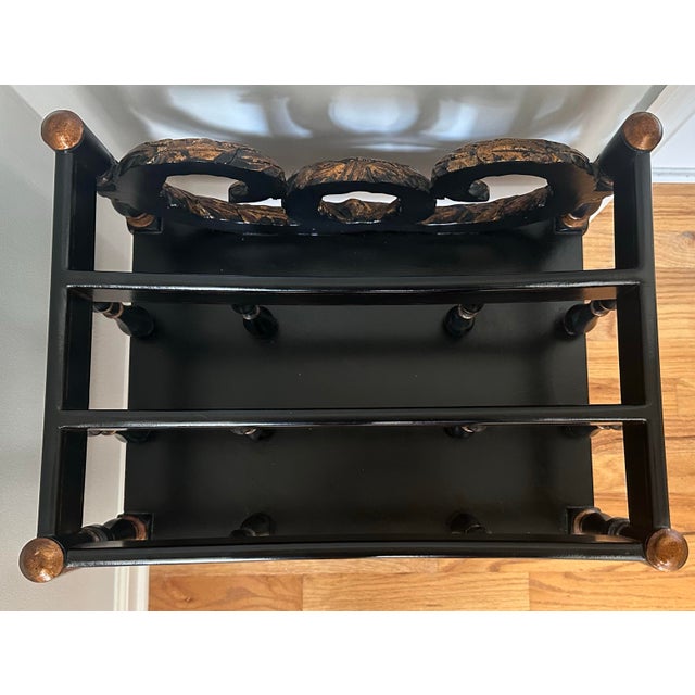 Hollywood Regency Black With Gilt Painted One Drawer Canterbury Magazine Stand For Sale - Image 3 of 11