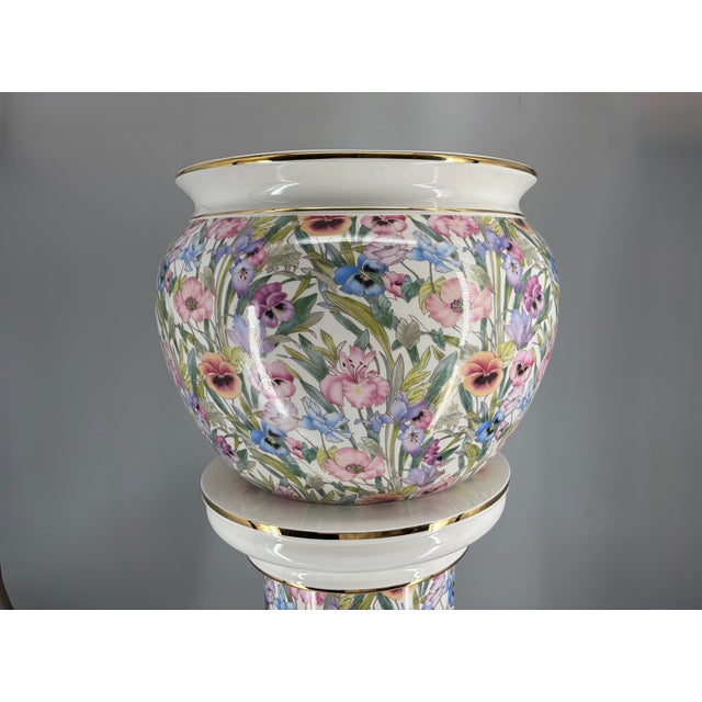 Blue 24 Karat Gold-Gilded Ceramic Plant Stand with Floral Chintz Pattern from Austrolux, Austria, 1980s For Sale - Image 8 of 16