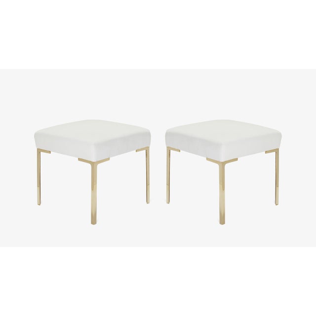 Metal Astor Petite Brass Ottomans in Snow Velvet by Montage, Pair For Sale - Image 7 of 7