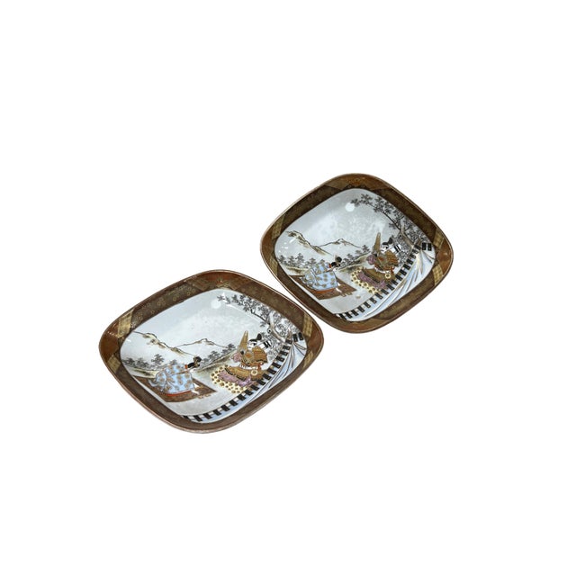 Asian Pair Oriental Rhombus Shape Porcelain Plates Golden Scenery Graphic For Sale - Image 3 of 5