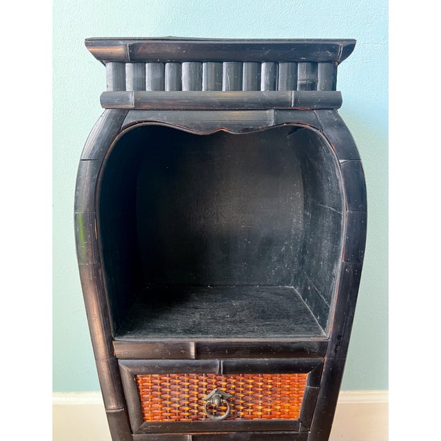 Vintage Ebonized Black Bamboo & Woven Rattan Two-Drawer Cabinet – Chinoiserie / British Colonial For Sale - Image 11 of 13