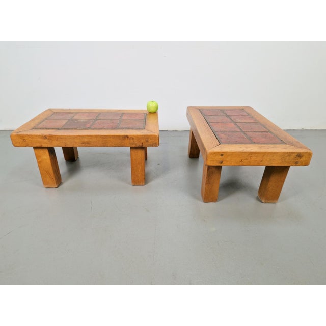 Set 2 Solid Brutalist Oak Side Table with Terracotta Tiles, 1950s A beautiful design from the 1950s. The table is in good...