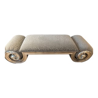 Custom Silver Grey Bench With Leopard Printed Fabric and Beautiful Curved Arms For Sale